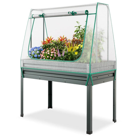 3-in-1 Raised Garden Bed with Greenhouse Cover and Trellis-Grey