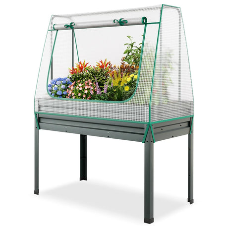 3-in-1 Raised Garden Bed with Greenhouse Cover and Trellis-Grey