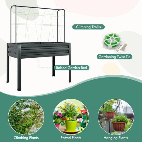3-in-1 Raised Garden Bed with Greenhouse Cover and Trellis-Grey