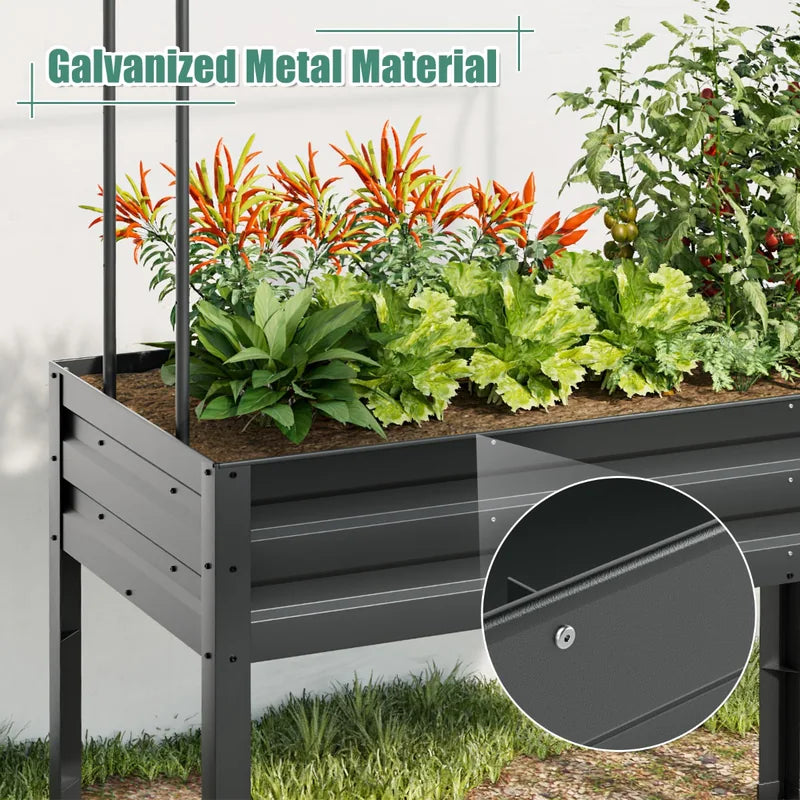 3-in-1 Raised Garden Bed with Greenhouse Cover and Trellis-Grey