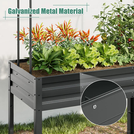 3-in-1 Raised Garden Bed with Greenhouse Cover and Trellis-Grey