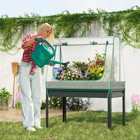 3-in-1 Raised Garden Bed with Greenhouse Cover and Trellis-Grey