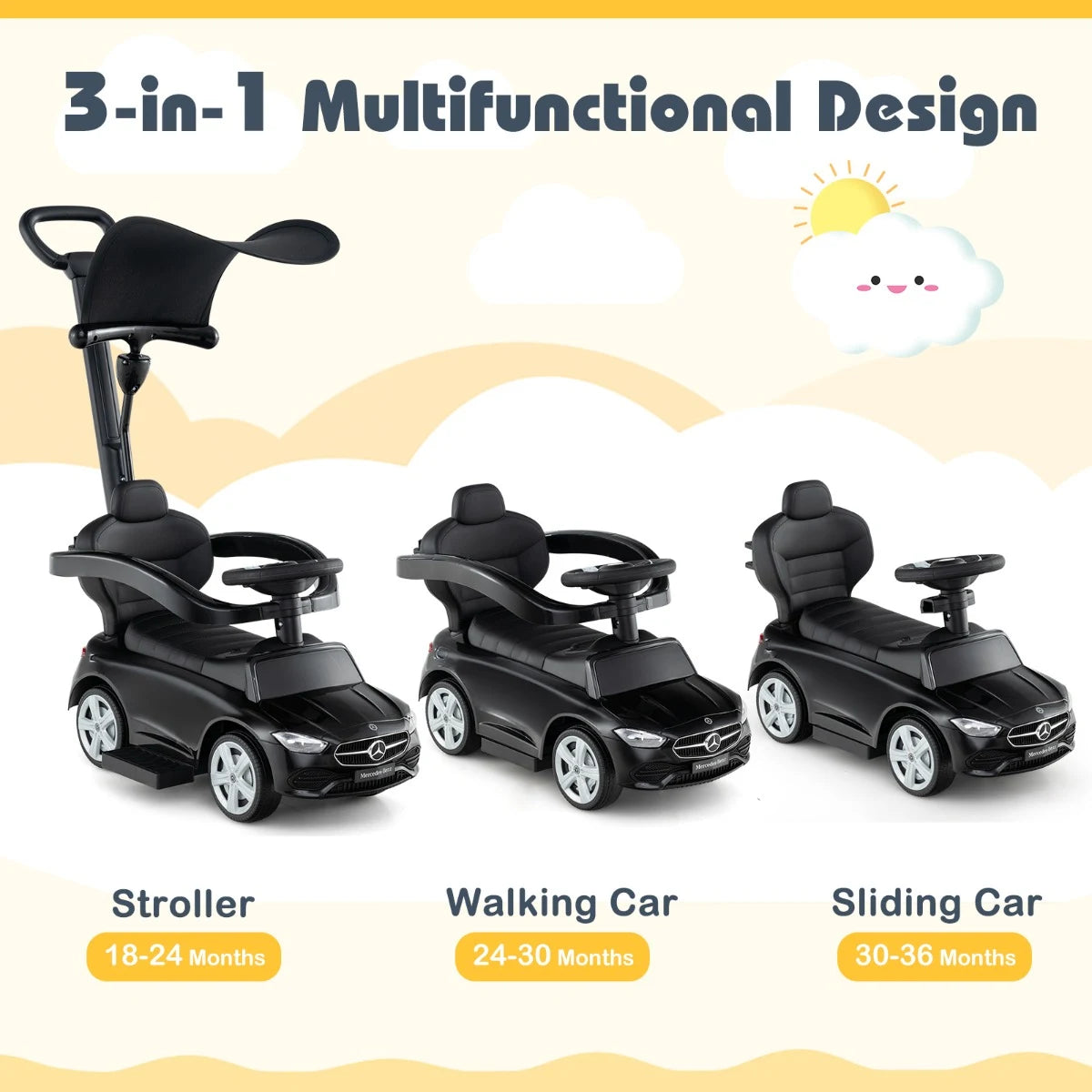 3-in-1 Ride on Push Car with Adjustable Canopy and Steering Push Bar-Black