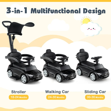 3-in-1 Ride on Push Car with Adjustable Canopy and Steering Push Bar-Black