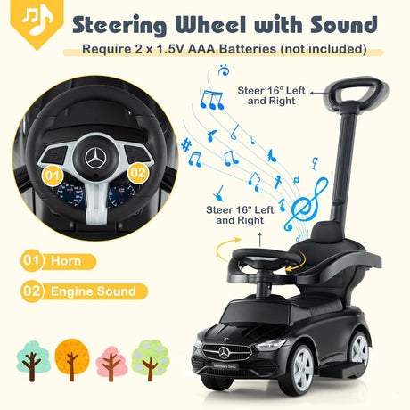 3-in-1 Ride on Push Car with Adjustable Canopy and Steering Push Bar-Black