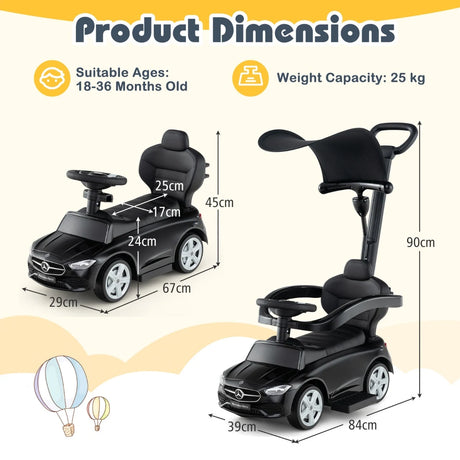 3-in-1 Ride on Push Car with Adjustable Canopy and Steering Push Bar-Black
