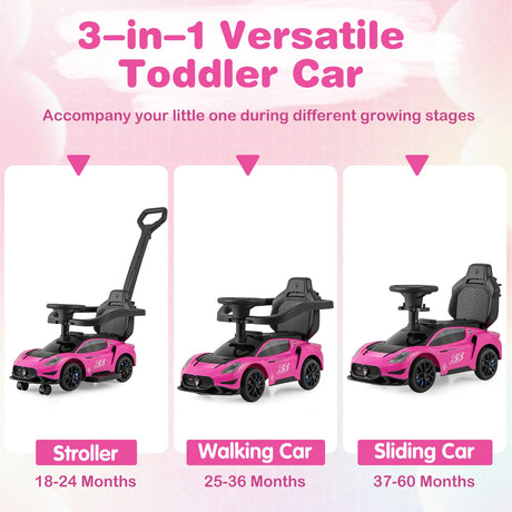 3-in-1 Ride on Push Car with 2 Universal Wheels, Music Steering, Guardrail and Handlebar-Pink