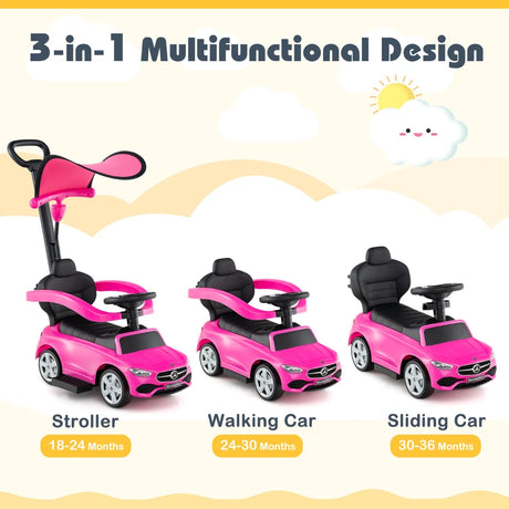 3-in-1 Ride on Push Car with Adjustable Canopy and Steering Push Bar-Pink