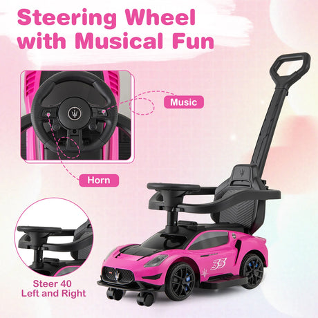 3-in-1 Ride on Push Car with 2 Universal Wheels, Music Steering, Guardrail and Handlebar-Pink