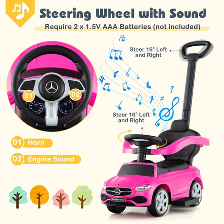 3-in-1 Ride on Push Car with Adjustable Canopy and Steering Push Bar-Pink