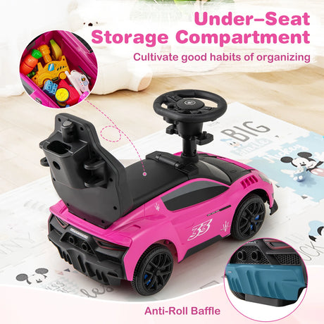 3-in-1 Ride on Push Car with 2 Universal Wheels, Music Steering, Guardrail and Handlebar-Pink