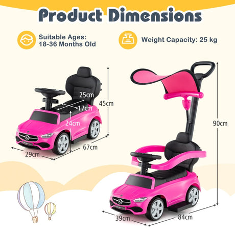 3-in-1 Ride on Push Car with Adjustable Canopy and Steering Push Bar-Pink