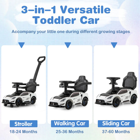 3-in-1 Ride on Push Car with 2 Universal Wheels, Music Steering, Guardrail and Handlebar-White