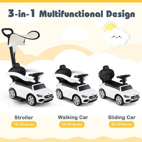 3-in-1 Ride on Push Car with Adjustable Canopy and Steering Push Bar-White