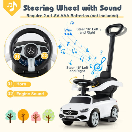 3-in-1 Ride on Push Car with Adjustable Canopy and Steering Push Bar-White
