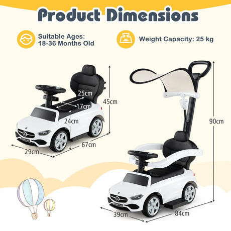 3-in-1 Ride on Push Car with Adjustable Canopy and Steering Push Bar-White