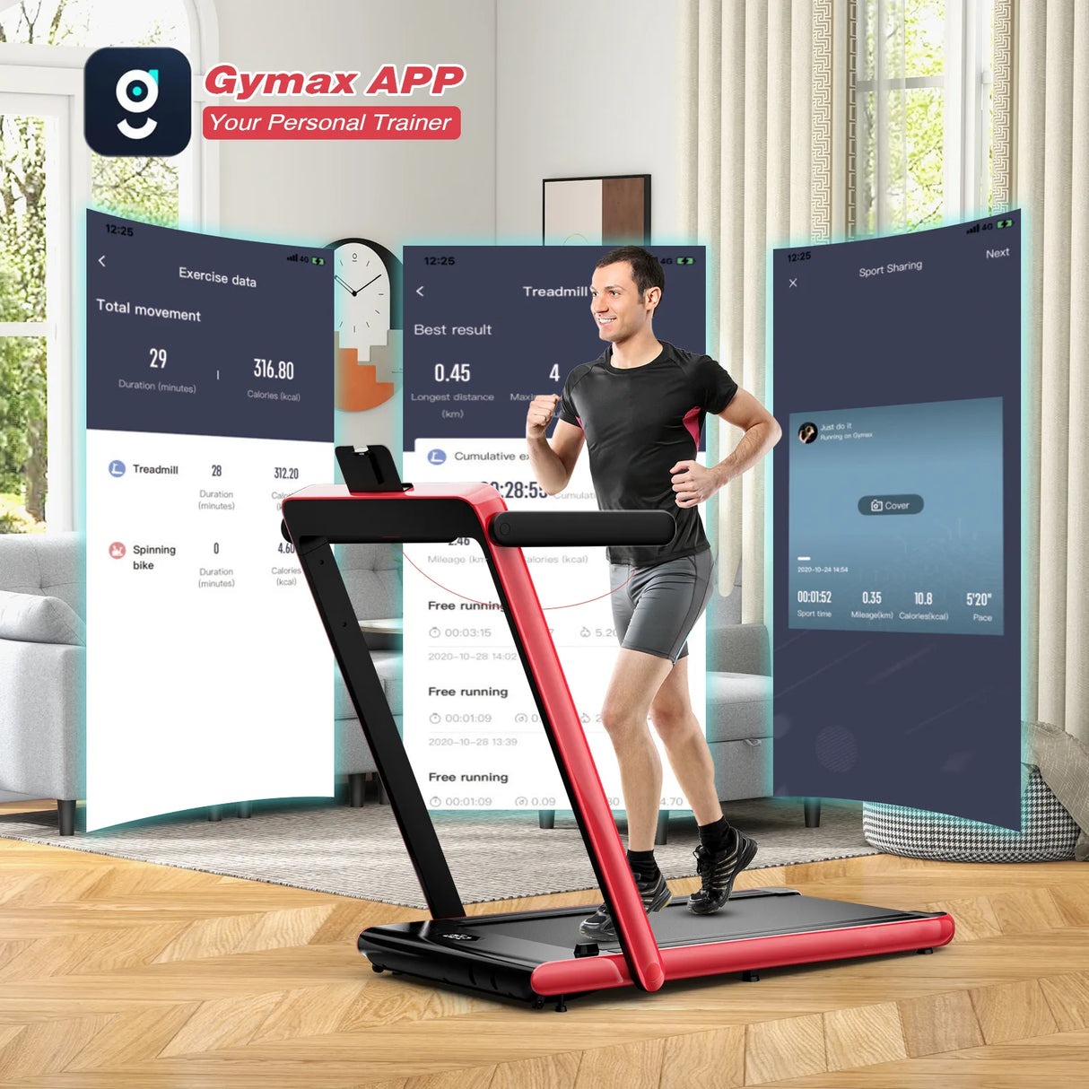 2.25 HP Foldable Treadmill 3 in 1 Walking Pad Under Desk Treadmill-Red