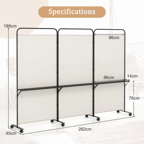 3-Panel 188cm Rolling Privacy Screen Folding Room Divider-White