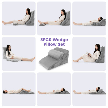 3-piece orthopedic wedge pillow set after surgery against snoring reading pillow gray