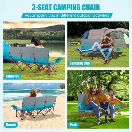 3 Person Folding Camping Chair with 2 Cup Holders Cotton Padding & Storage Bag-Blue