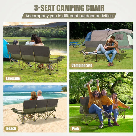 3 Person Folding Camping Chair with 2 Cup Holders Cotton Padding & Storage Bag-Green