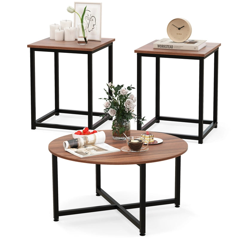 3-Piece Coffee Table Set with Heavy-duty Metal Frame-Walnut