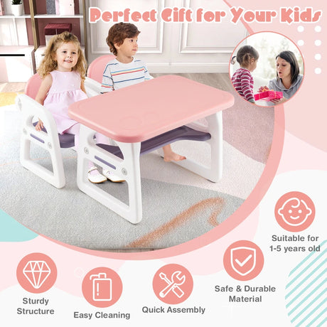 3 parts Children&#39;s seating group with shelf &amp; storage compartment for reading for 1-5 years pink &amp; purple