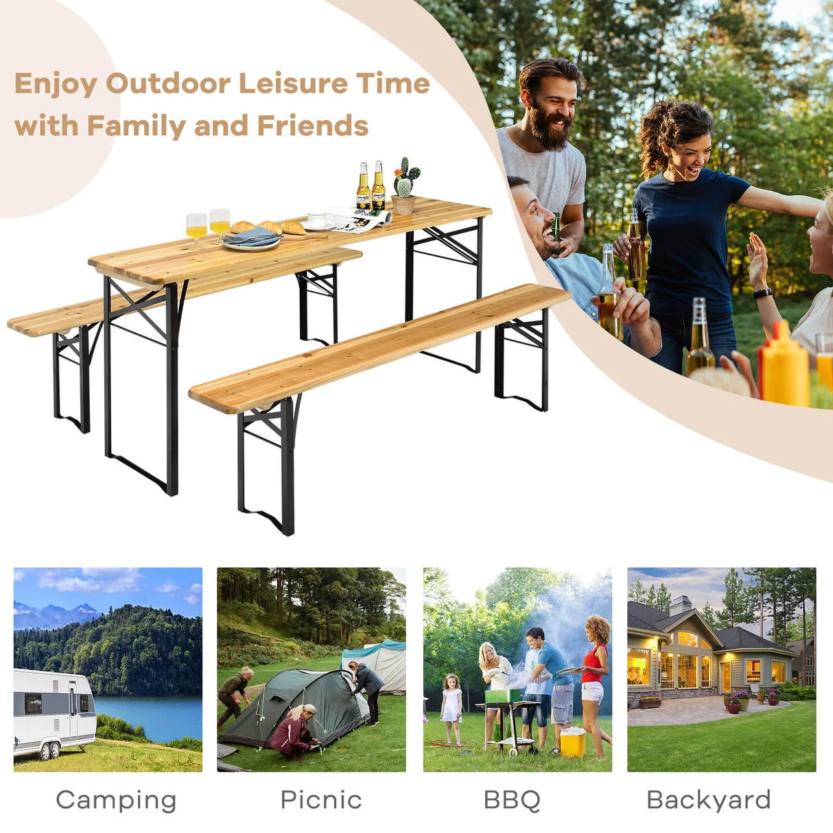 3 Pieces Outdoor Folding Picnic Table Bench Set