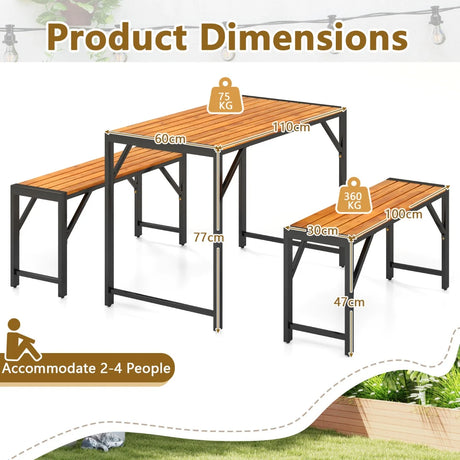 3 Pieces Patio Dining Set with Picnic Table and 2 Benches for 4 People