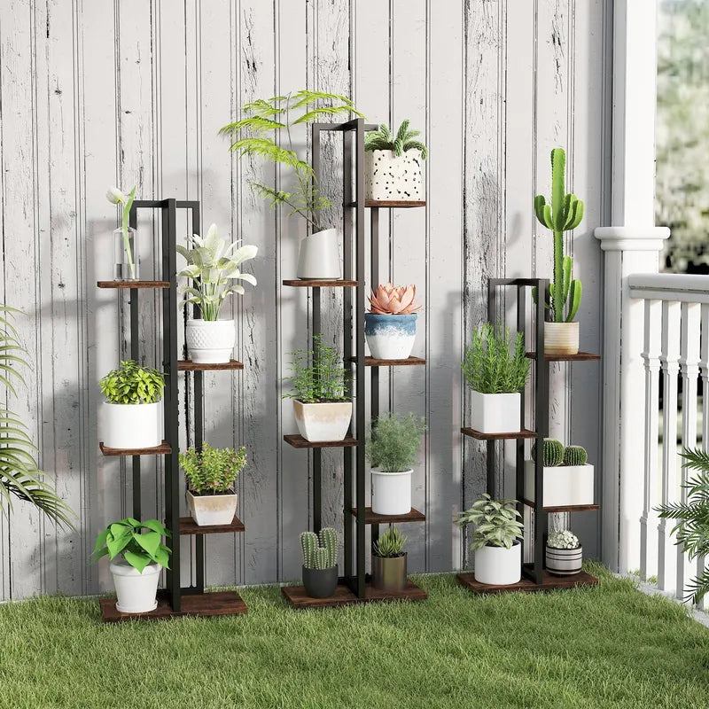 Set of 3 Indoor Plant Stands 4+5+6 Tier Corner Plant Holder with Anti-Tip Devices Brown