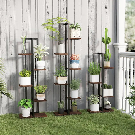 Set of 3 Indoor Plant Stands 4+5+6 Tier Corner Plant Holder with Anti-Tip Devices Brown
