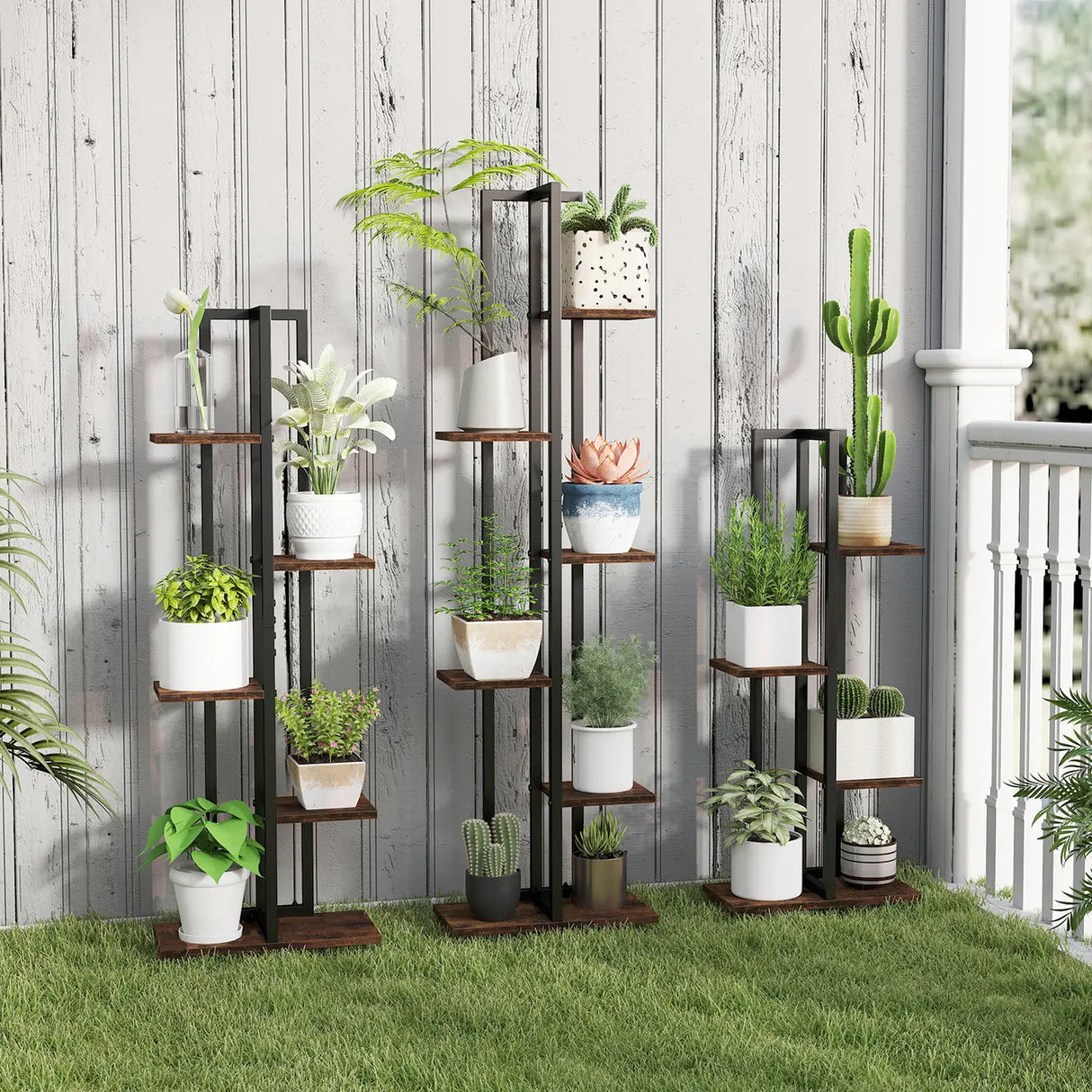 Set of 3 Indoor Plant Stands 4+5+6 Tier Corner Plant Holder with Anti-Tip Devices Brown