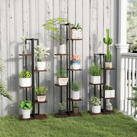 Set of 3 Indoor Plant Stands 4+5+6 Tier Corner Plant Holder with Anti-Tip Devices Brown