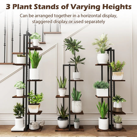 Set of 3 Indoor Plant Stands 4+5+6 Tier Corner Plant Holder with Anti-Tip Devices Brown