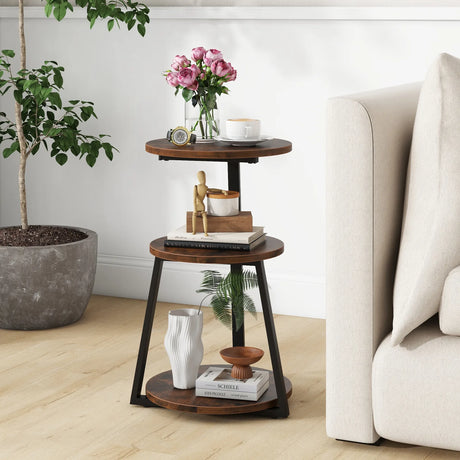 3-Tier Accent Round End Table with Metal Frame and Adjustable Foot Pads-Rustic Brown
