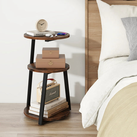 3-Tier Accent Round End Table with Metal Frame and Adjustable Foot Pads-Rustic Brown