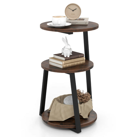 3-Tier Accent Round End Table with Metal Frame and Adjustable Foot Pads-Rustic Brown