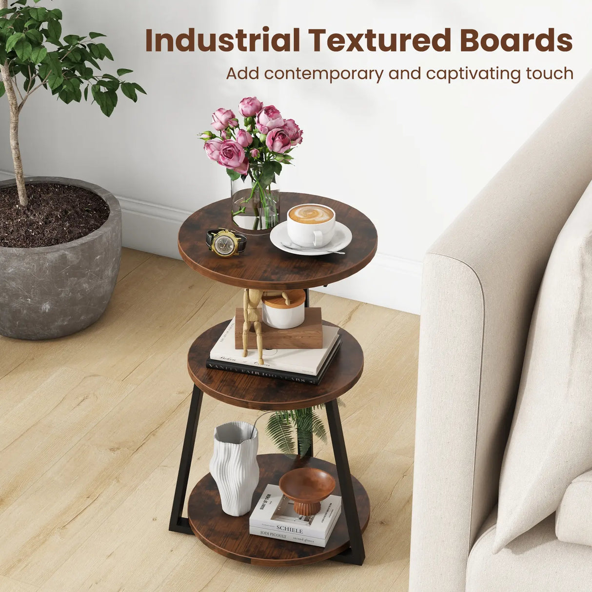 3-Tier Accent Round End Table with Metal Frame and Adjustable Foot Pads-Rustic Brown