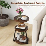 3-Tier Accent Round End Table with Metal Frame and Adjustable Foot Pads-Rustic Brown