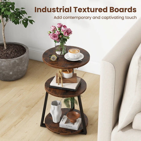 3-Tier Accent Round End Table with Metal Frame and Adjustable Foot Pads-Rustic Brown