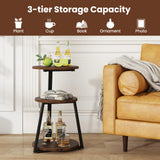 3-Tier Accent Round End Table with Metal Frame and Adjustable Foot Pads-Rustic Brown