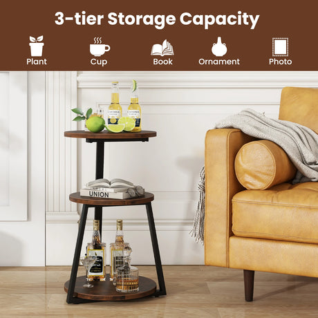 3-Tier Accent Round End Table with Metal Frame and Adjustable Foot Pads-Rustic Brown