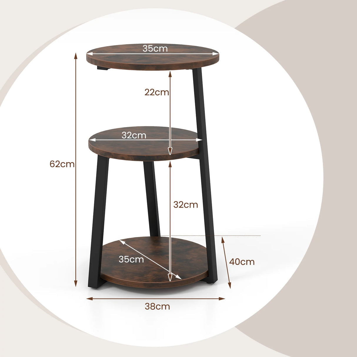 3-Tier Accent Round End Table with Metal Frame and Adjustable Foot Pads-Rustic Brown