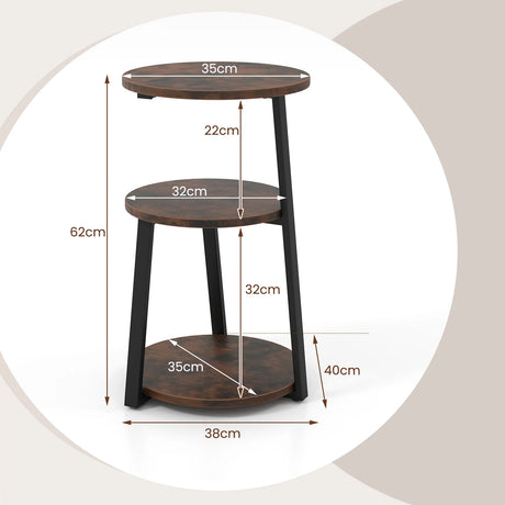 3-Tier Accent Round End Table with Metal Frame and Adjustable Foot Pads-Rustic Brown