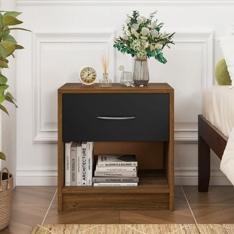 Bedside Table Nightstand with Drawer and Open Storage Shelf-Brown