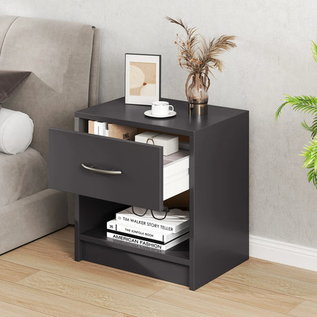 Bedside Table Nightstand with Drawer and Open Storage Shelf-Gray