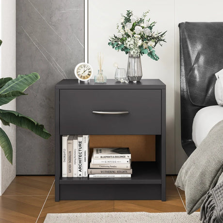 Bedside Table Nightstand with Drawer and Open Storage Shelf-Gray