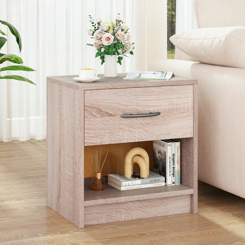 Bedside Table Nightstand with Drawer and Open Storage Shelf-Natural