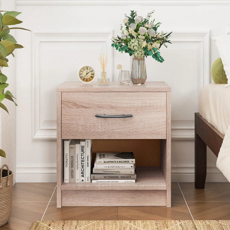 Bedside Table Nightstand with Drawer and Open Storage Shelf-Natural