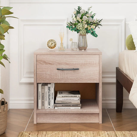 Bedside Table Nightstand with Drawer and Open Storage Shelf-Natural
